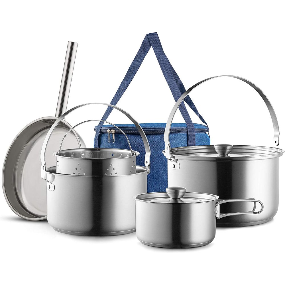 Camping Cooking Open Fire - Camping-Kochgeschirr-Set 304 Edelstahl 8-teilig Töpfe &