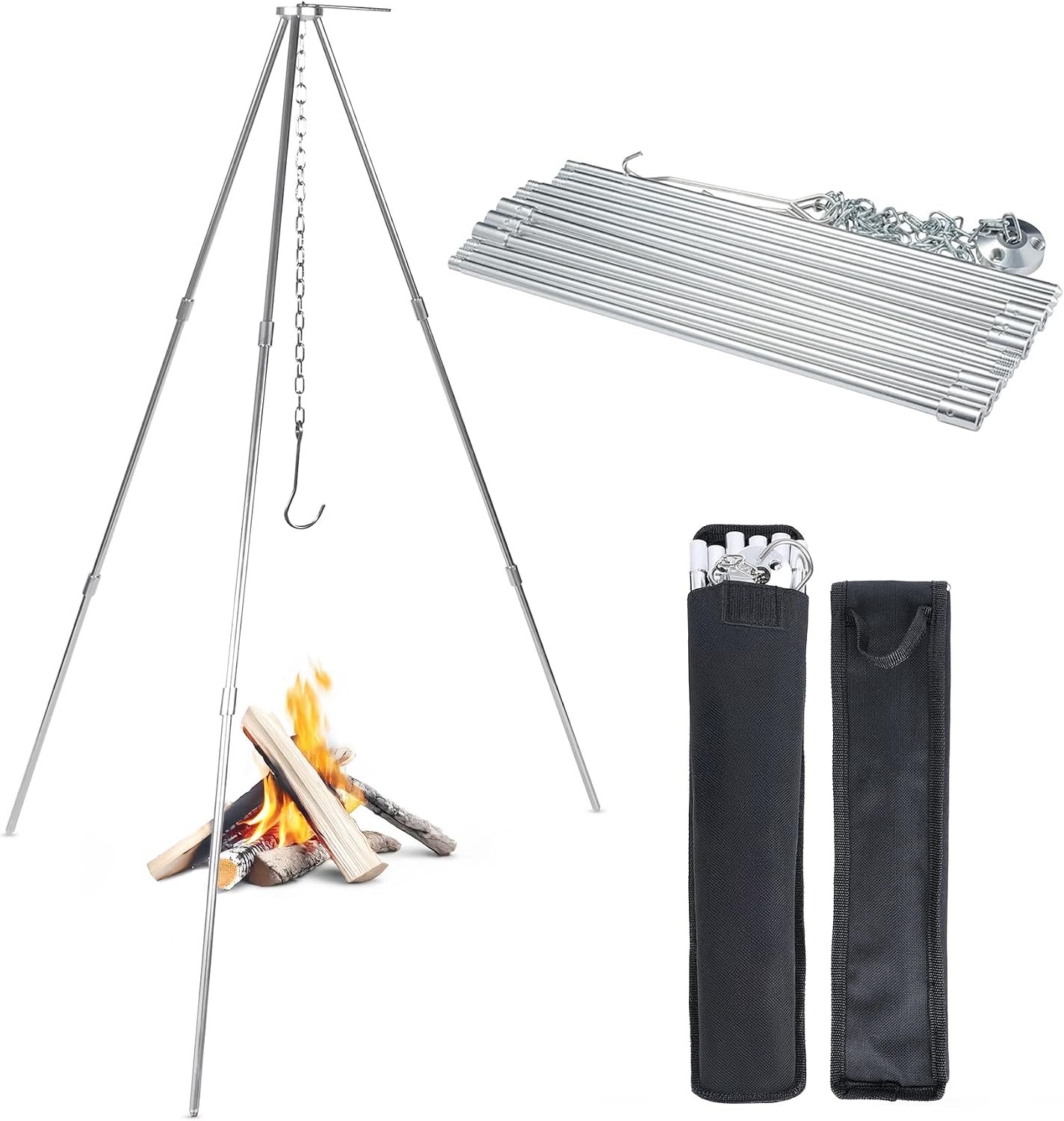 Camping Cooking Open Fire - Feuerkorb-kompatibles 33-Zoll-Camping-Stativ, faltbarer Kochständer aus Edelstahl
