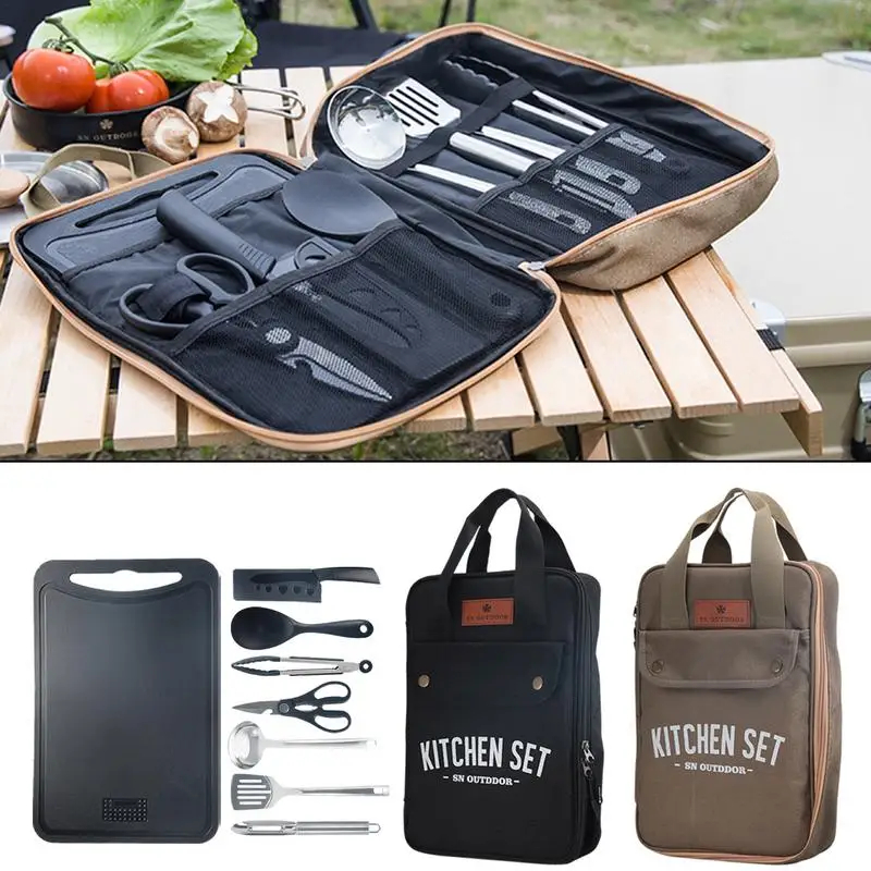 Camping Cooking Utensils Storage - 8-teiliges Camping-Küchen-Kochgeschirr-Set Tragbares Outdoor-Reise-Utensilien-Set Edelstahl Koch-
