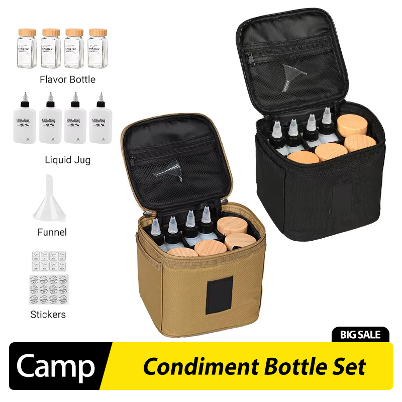 Camping Cooking Oil Bottle - Outdoor-Camping-Gewürzflaschen-Set Picknick-Gewürzbox Ölflasche Portionsdosen mit Bambus-